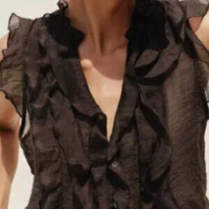 Esley, Black, Ruffle Front, Button Front, Sleeveless, Sheer, Blouse, Bodysuit M